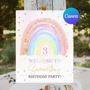 Rainbow Birthday Welcome Sign Girl Boho Gold Stars Pink Pastel Rainbow of Fun Party Welcome Outdoor Yard Sign Editable Template Printable