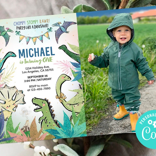 Dinosaur First Birthday Invitation Card Photo Picture Boy Stomp Chomp Roar Dino Party Invite Editable Template Digital Printable Decoration