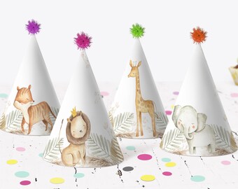 May include: Four colorful party hats with animal illustrations. The hats are white with green leaves and feature a tiger, lion, giraffe, and elephant. The hats have fuzzy pom-poms on top.
