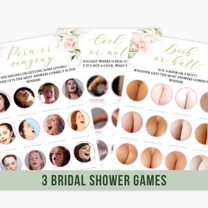 Hen Party Games Set of 3 Dirty Rude Bachelorette Party Printable Bridal Shower Pink Blush Floral White Roses Flower Green Gold