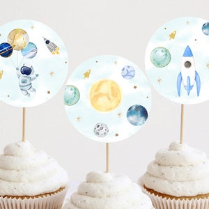 Outer Space Birthday Boy Cupcake Toppers Decoration Astronaut Galaxy Rocket Golden Stars Moon Planets Printable Digital Instant Download