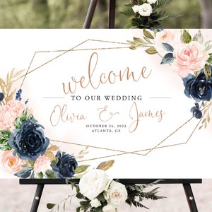 Bridal Shower Welcome Sign Wedding Editable Template Digital or Printed Custom Bridal Shower Navy Blue and Blush Flower Pink Geometric Corjl