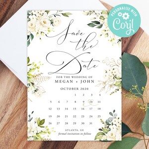 Mariage enregistrer le modèle de Date imprimable téléchargement numérique ou imprimé Floral or blanc Roses verdure