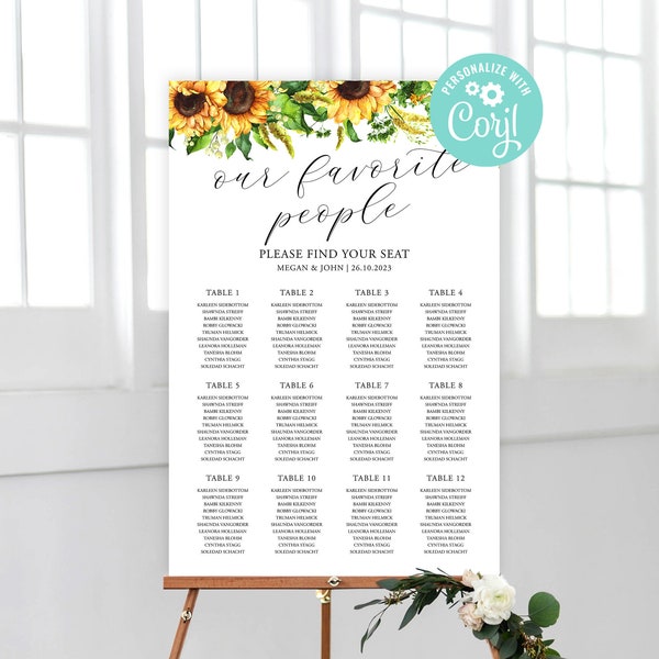 Wedding Seating Chart Template 12 Tables Plan Editable Digital Download or Printed Sunny Yellow Flowers Sunflower Floral Rustic Country