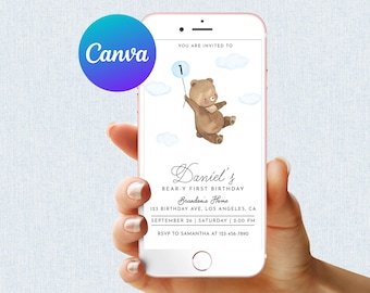 Beary First Birthday Invitation Teddy Cute Bear 1st Birthday Boy Digital Invite Blue Balloon Editable Mobile Phone Electronic Email SMS Text