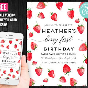 Berry First Birthday Invitation Girl Printable Strawberry Birthday Invitation Editable Template Instant Download Digital or Printed Invites