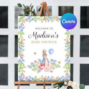 Peter Rabbit Baby Shower Welcome Sign Cute Little Bunny Floral Greenery Blue Balloon Welcome Outdoor Yard Sign  Editable Template Printable
