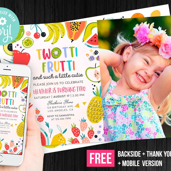 Twotti Frutti Birthday Invitation Girl Photo Picture 2nd Second Birthday Tropical Summer Editable Template Instant Download Digital Printed