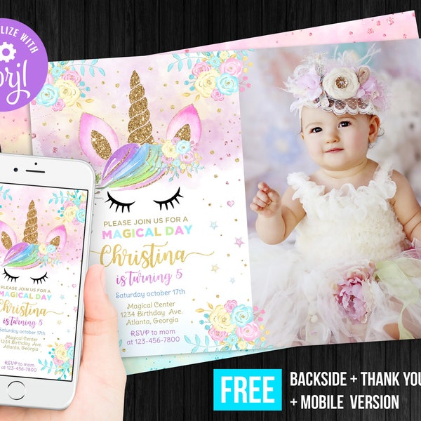 Unicorn Birthday Invitation Girl with Photo Picture Instant Download Magical Thank You Card Flowers Invite Editable Template Digital Corjl