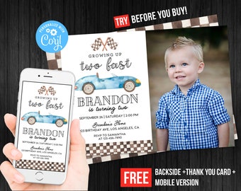 Racing Birthday Invitation Boy Photo Picture Second Birthday Party Thank You Card Printable Two Fast Party Editable Template Digital Printed