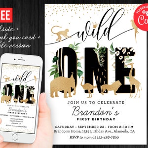 Wild One First Birthday Invitation Boy Mobile Electronic Jungle Safari Animals Carte de remerciement Modèle modifiable Corjl numérique ou imprimé