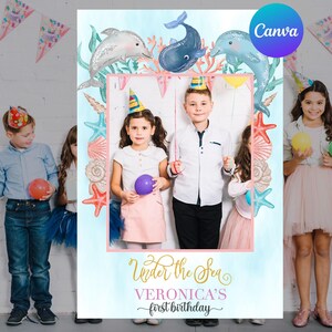 Ozean erster Geburtstag Photo Booth Decor Mädchen Ozean Leben Tiere Party Fotorahmen unter dem Seewal Digital bearbeitbare Vorlage zum Ausdrucken
