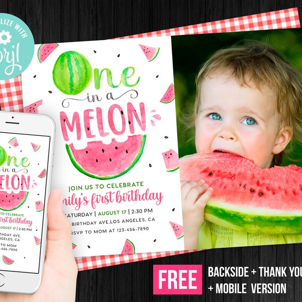 One in a Melon Invitation Girl Photo Picture First Birthday Watermelon Party Invite Summer Editable Instant Download Digital Printed Invites