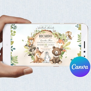 May include: A smartphone screen shows a woodland-themed birthday invitation. The design includes watercolour illustrations of forest animals, such as a fox, bear, owl, and raccoon, with text reading "Calling All Woodland Animals" and party details.