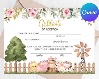 Adopt an Animal Adoption Certificate Farm First Birthday Girl Pink Floral Barnyard Animals Party Digital Printable Template