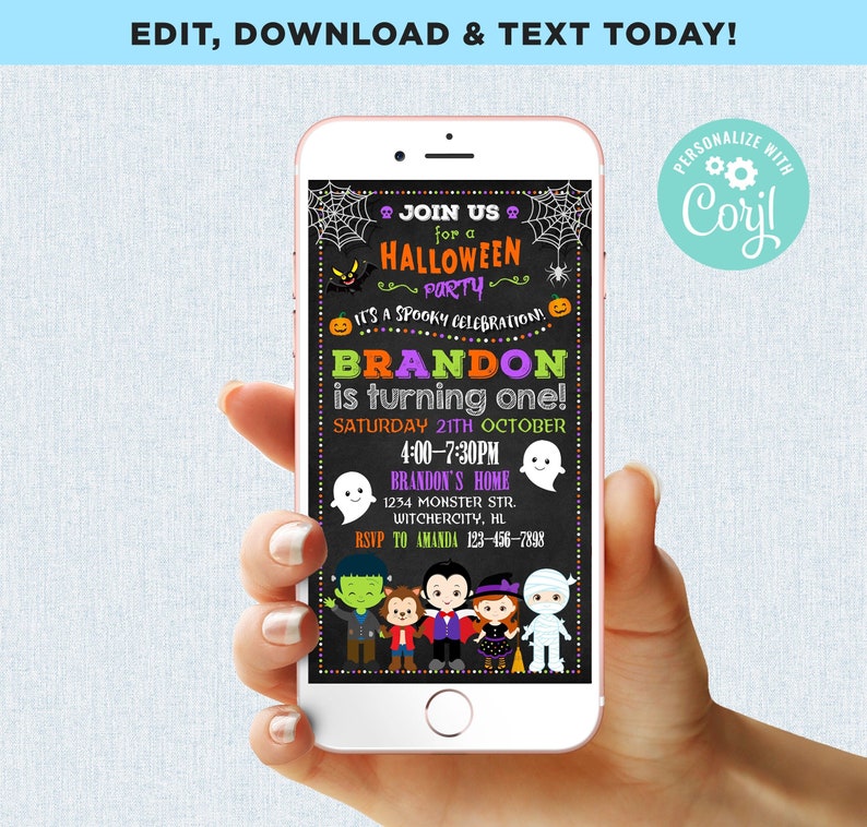 May include: A smartphone displays a Halloween party invitation. The invitation features a chalkboard-style background with Halloween-themed graphics, including bats, spiders, and ghosts. Text reads "Join us for a Halloween Party" and includes party details.