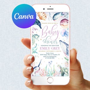 Under the Sea Baby Shower Invitation Ocean Animals Fishing Pool Party Invite Dolphin Whale Turtle Editable Mobile Phone Electronic Email SMS