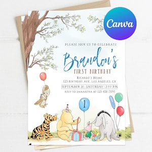 Klassische Winnie the Pooh Geburtstagseinladung Junge Erster Geburtstag Ferkel Tigger Eeyore Einladen Druckbare bearbeitbare Vorlage Digital oder gedruckt