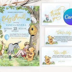 Classic Winnie the Pooh Baby Shower Invitation Piglet Eeyore Invite Printable Editable Thank You Diaper Raffle Book Request Card