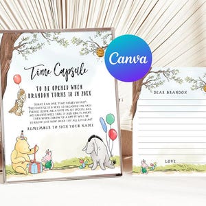 Erster Geburtstag Time Capsule Boy Classic Winnie the Pooh Passende Hinweiskarten Piglet Eeyore Digital Printable Bearbeitbare Dekorationsvorlage