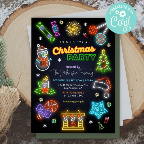 Editable Neon Christmas Party Invitation Neon Holiday Party - Etsy