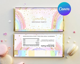 May include: Two chocolate bar wrappers with a pastel rainbow design, gold accents, and the text "Samantha's Birthday Party!". The wrappers also feature nutrition facts and star confetti.