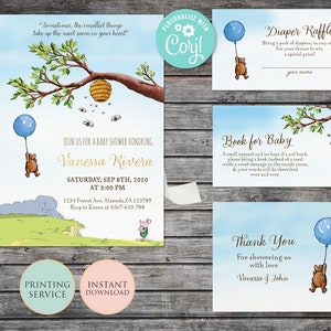 Winnie l'ourson Ballon Baby Shower Invitation Garçon Bleu Imprimable Téléchargement instantané Modifiable Merci Diaper Tombola Livre Demande Carte Corjl