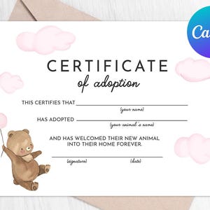 Adoptiecertificaat voor dieren goedkeuren teddybeer eerste verjaardag schattige beary 1e verjaardag meisje roze ballon digitale afdrukbare sjabloon