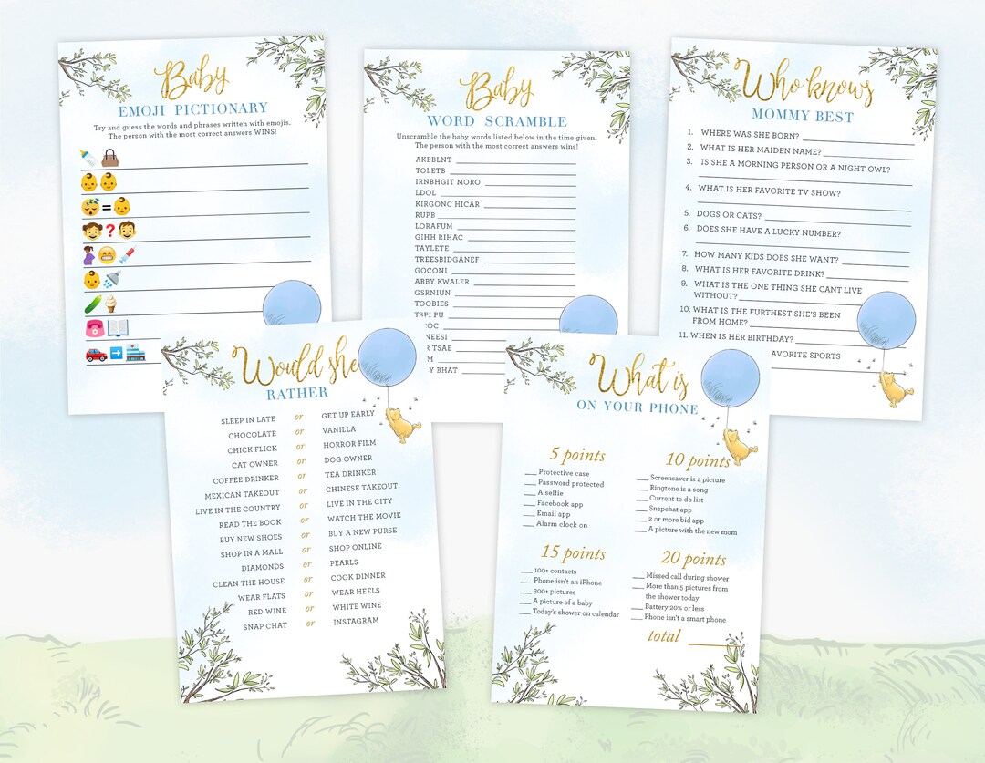 Set of 5 Baby Shower Boy Games Printable Party Decoration Classic