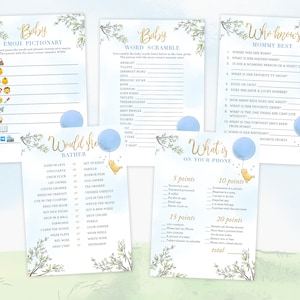 Set of 5 Baby Shower Boy Games Printable Party Decoration Classic Winnie the Pooh Blue Balloon Decor Instant Download Digital