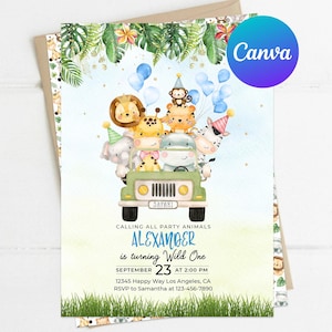 Calling All Party Animals First Birthday Invitation Boy Wild Safari Animals Jeep Balloons Invite Printable Editable Template Digital Printed
