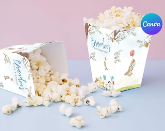 Eerste verjaardag popcornzakjes jongen klassieke Winnie de Pooh popcorndoos Knorretje snoepdoos decoratie digitaal afdrukbare bewerkbare sjabloon