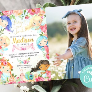 Fairy Birthday Invitation Card Photo Picture Girl Flutter and Twirl Enchanted Garden Floral Party Invite Editable Template Digital Printable