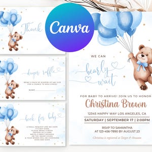 Teddy Bear Balloon Baby Shower Invitation Boy We Can Bearly Wait Blue Balloons Printable Editable Thank You Diaper Raffle Book Request Card