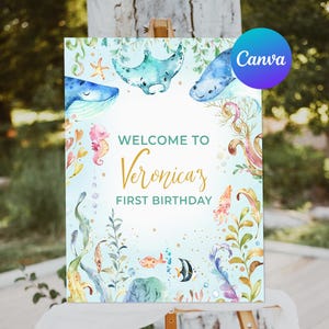 Ocean Erster Geburtstag Willkommen Zeichen Mädchen Unter dem Meer Dekoration Ocean Life Tiere Willkommen Outdoor Yard Sign Bearbeitbare Vorlage Printable