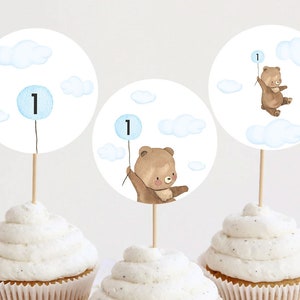 Teddy Bear First Birthday Cupcake Toppers Decoration Cute Beary 1st Birthday Boy Blue Balloon Printable Digital Instant Download