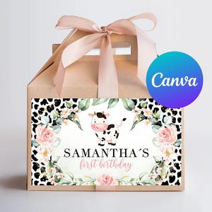 Cow First Birthday Girl Gable Box Labels Holy Cow I&#39;m One Favor Box Sticker Pink Floral Greenery Decor Digital Printable Editable Template