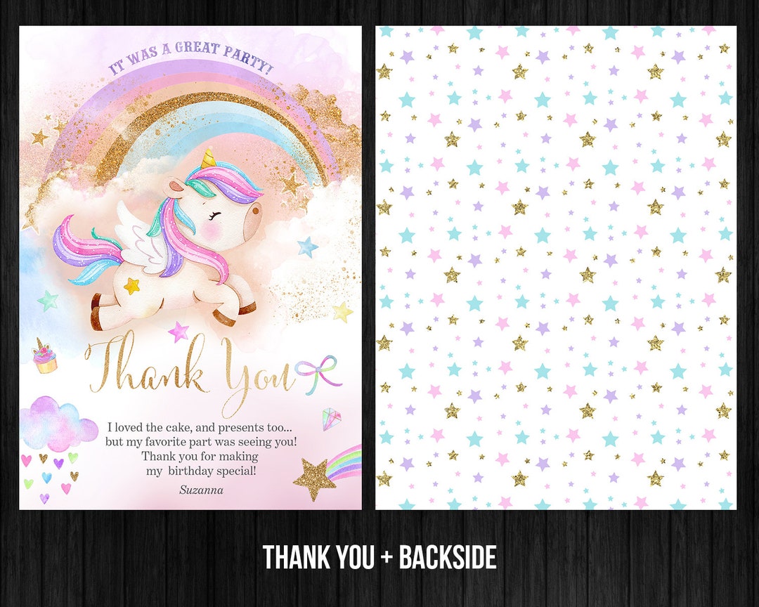 Unicorn Magical Birthday Thank You Card Girl Golden Pink Rainbow Star ...