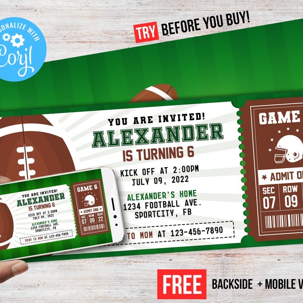 Football Ticket Birthday Invite Sports Party Invitation Ticket Printable Tag Editable Template Instant Download Digital Printed Invites