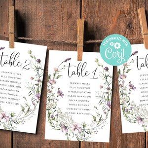 Bruiloft zitplaatsen grafiek kaartsjabloon tabelnummer bewerkbare digitale download of gedrukte wilde bloemen bloemenkrans Boho tuin land Corjl