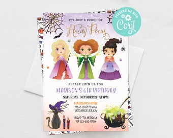 Hocus Pocus Birthday Invitation Girl Instant Download Halloween Costume Party Invite Editable Template Corjl Digital or Printed Invites