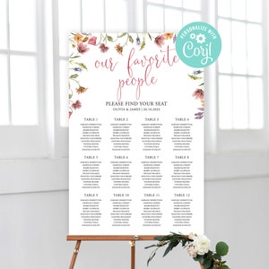 Bruiloft zitplaatsen grafiek sjabloon afdrukbare 12 tafels Plan bewerkbare digitale download of afgedrukte wilde bloemen bloemenkrans Boho tuin land