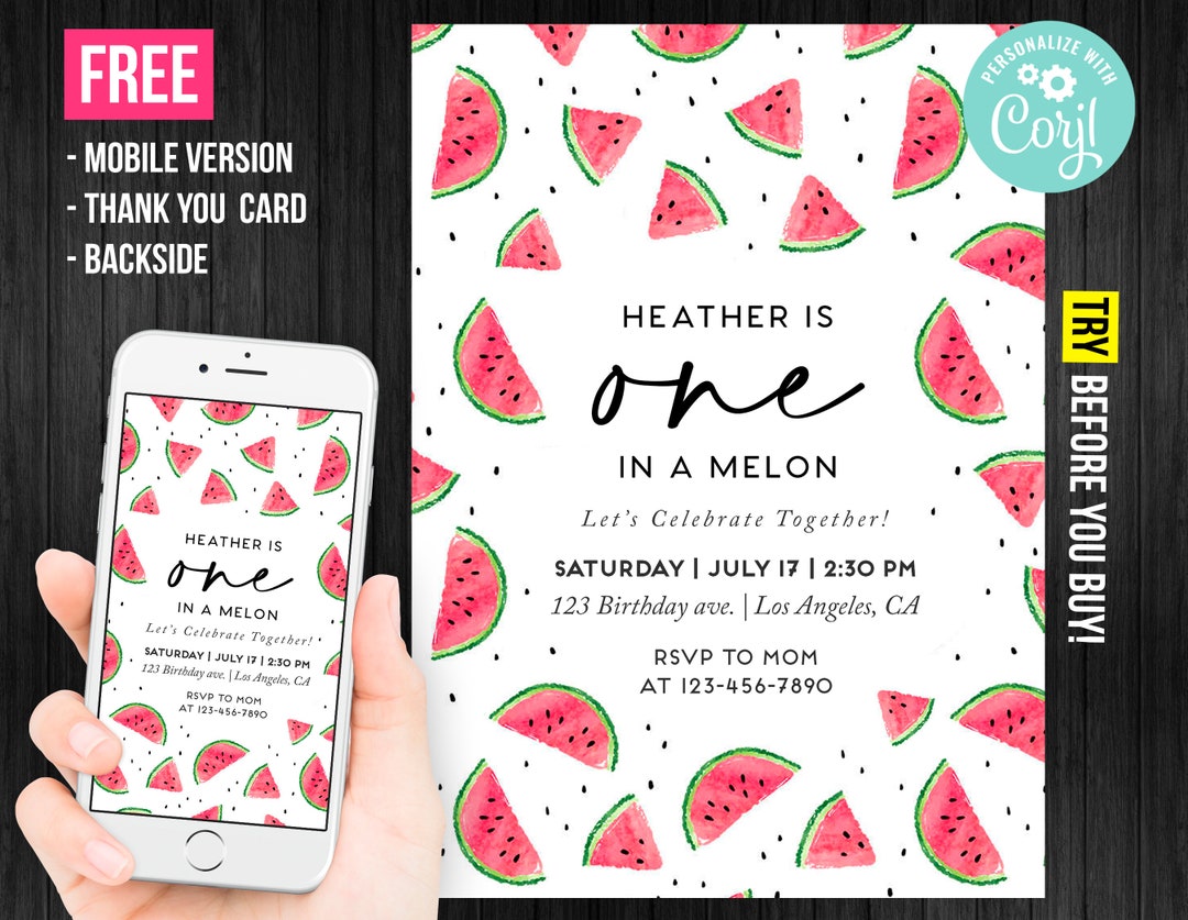 One in a Melon Invitation Girl Printable First Birthday Watermelon ...