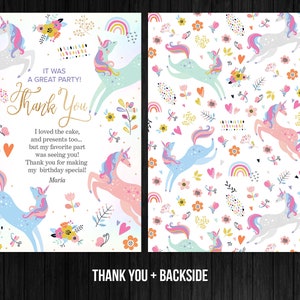 Unicorn Birthday Thank You Card Girl Pastel Rainbow Flowers Instant Download Magical Pink Party Editable Template Digital Corjl