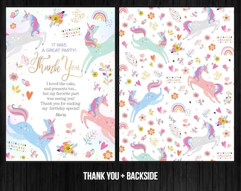 Unicorn Birthday Thank You Card Girl Pastel Rainbow Flowers Instant Download Magical Pink Party Editable Template Digital Corjl