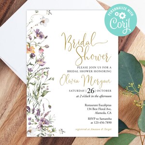 Brautparty-Einladungs-Vorlage Sofortiger Download druckbare bearbeitbare digitale oder gedruckte wilde Blumen Blumen Boho-Garten-Land Corjl