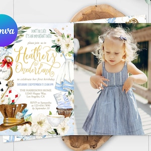Alice in Wonderland First Birthday Invitation Card Photo Picture Girl Alice Onederland Tea Party Invite Editable Template Digital Printable