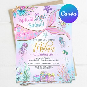 Meerjungfrau zum ersten Geburtstag Einladung Mädchen Mermaid Tail Ozean Leben unter dem Meer Party einladen druckbare bearbeitbare Vorlage Digital gedruckte Dekor