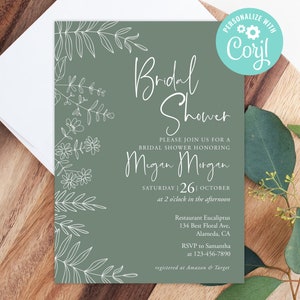 Bridal Shower Invitation Template Instant Download Printable Editable Digital or Printed Botanical Modern Sage Green Minimalist Greenery