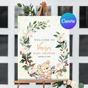 Teddy Bear Baby Shower Welcome Sign We Can Bearly Wait Floral Greenery Gold Cute Bear Welcome Outdoor Yard Sign  Editable Template Printable